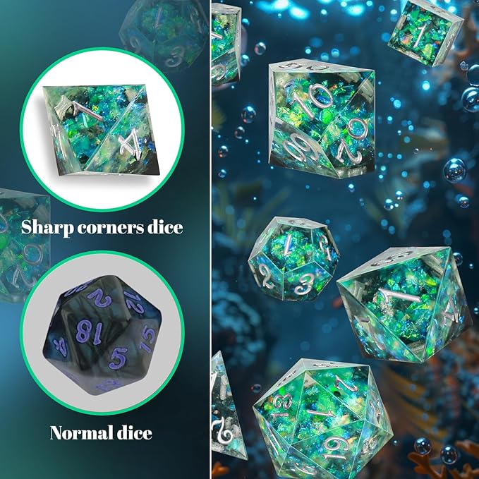 OriCraft Green Magic Dice DND Dice Set Dungeons and Dragons Polyhedral Role Playing Gaming Dices Green Underwater World D20 Dices Magical World Ocean Dice Halloween Sharp Corners
