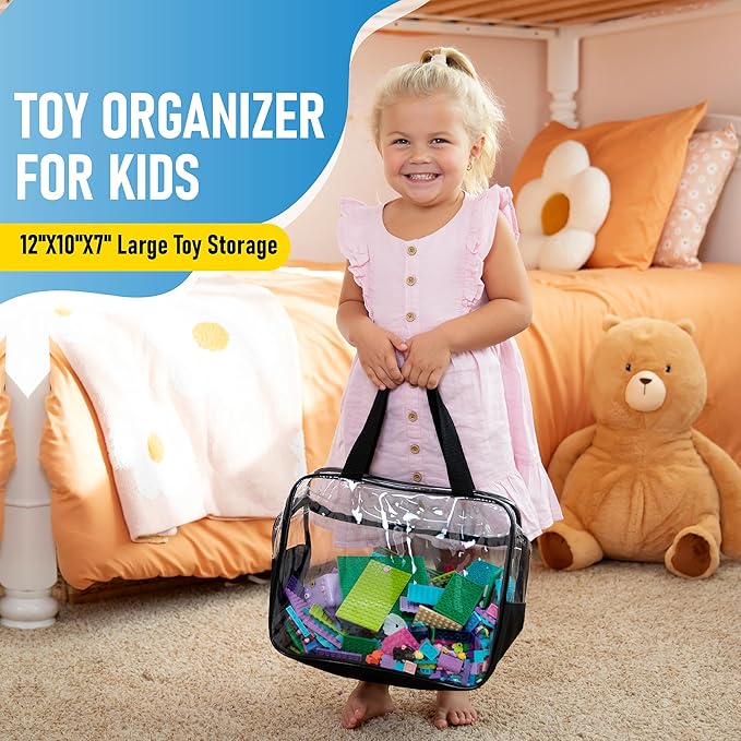 4 Pack Extra Large Toy Storage Clear Bags with Zipper 12"x10"x7" Clear Plastic Bins with Handle, Toy Organizer for Kids playroom, Blocks, Clothes, Stuffed Animal Storage