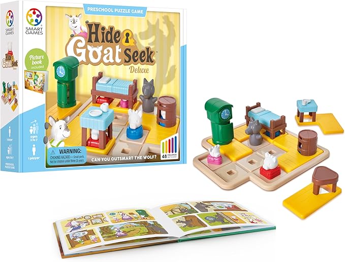 SmartGames Hide and Goat Seek - A Preschool Puzzle Game for Ages 3-7 Featuring 48 Challenged and a Bonus Picture Book