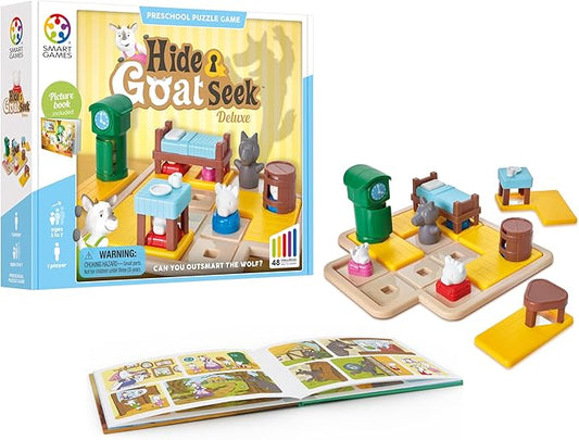 SmartGames Hide and Goat Seek - A Preschool Puzzle Game for Ages 3-7 Featuring 48 Challenged and a Bonus Picture Book