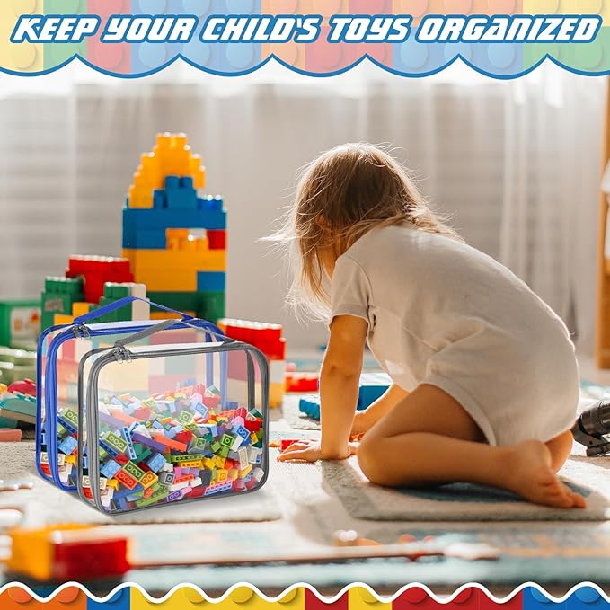 Sanwuta 6 Packs Toy Storage Bags, PVC Organizing Case Bags with Zipper, Waterproof Toy Container for Board Games, Building Blocks, Puzzles, Small Toys and Kids Books(Large,Simple Colors)