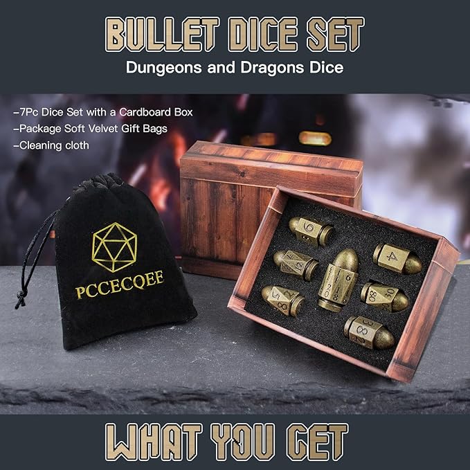 Bullet DND Dice, PCCECQEE Metal Dice Set D&D for Dungeons and Dragons,Polyhedral Dice Sets D&D RPG,Role Playing Table Board Games or Warhammer 40K Shadowrun Dice (Broze)
