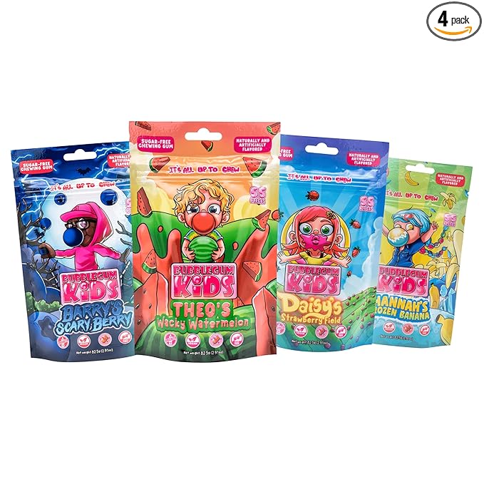 Bubblegum Kids Sugar Free Gum - For Kids and Adults - Vegan Friendly - Retro, Parent Approved Bubble Gum with Burst of Sweet Flavor - Variety Pack (4 Pack of Fruit Flavors)