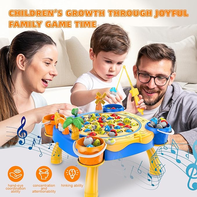 Awsoo Fishing Game Toys for 3 4 5 Year Old Boy, Toddler Toys Age 3-4, 45 Fishes and 4 Fishing Poles Rotating Board Game with Music, Birthday Gift for Toddler Boy Toys