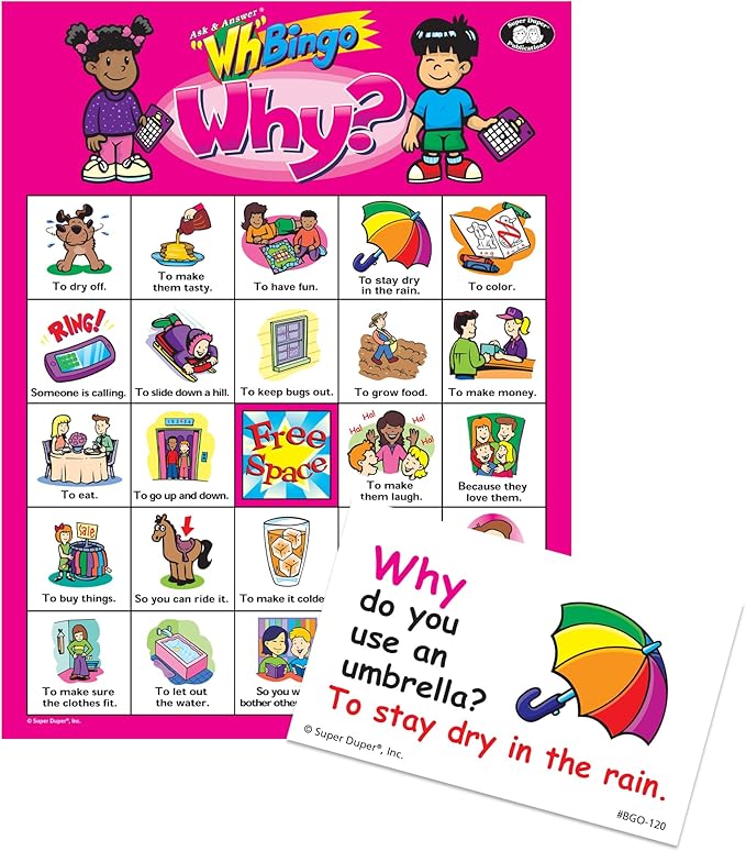 Super Duper Publications | Ask & Answer® Wh Bingo Board Game | Comprehension, Verbal, and Communication Skills | Who, What, Where, When, and Why Questions | Educational Resource for Children