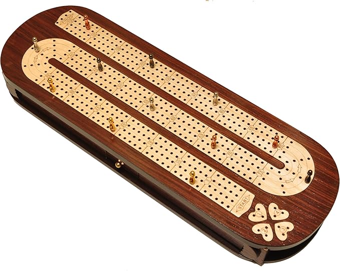 PALM ROYAL HANDICRAFTS 4 Track Wooden Cribbage Board Set Inlaid in Rose Wood and Maple Wood with pegs and Cards. Storage Available. 4 Player Cribbage Board (15 x 5 Inches)
