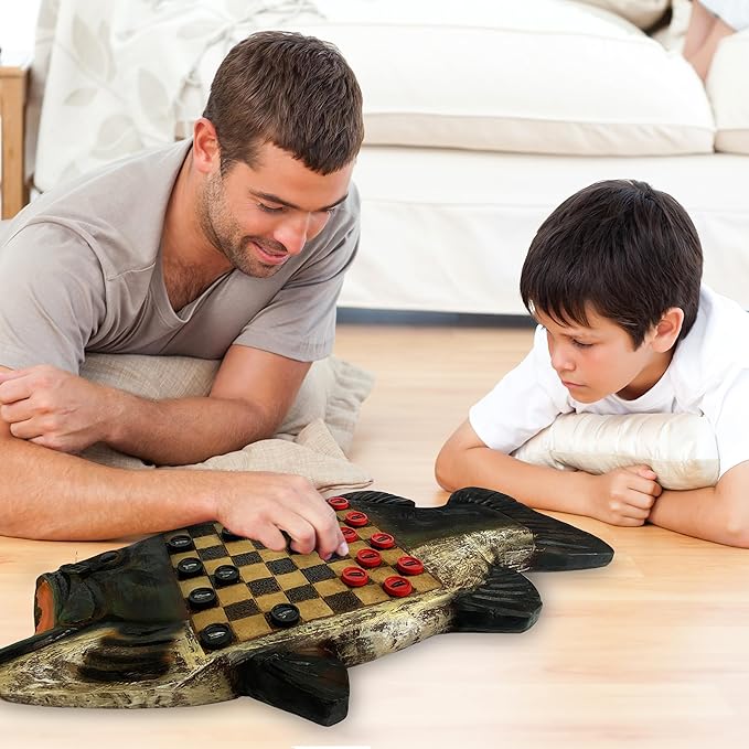 Rivers Edge Products Checkerboard Set for Cabin or Lodge, Rustic Checker Board Games for Adults, Tabletop 2 Players Game, Living Room Decor or Home Office Decor, Bass