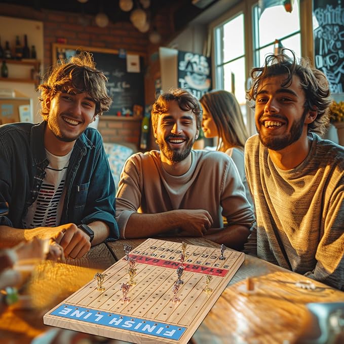 Large 21 inches Horse Racing Board Game Thickened Solid Wood with 11 Luxurious Durable Classic Metal Horses Including Dice and Cards Finish LINE Race Game Board Racing Game Set (Large, Log)