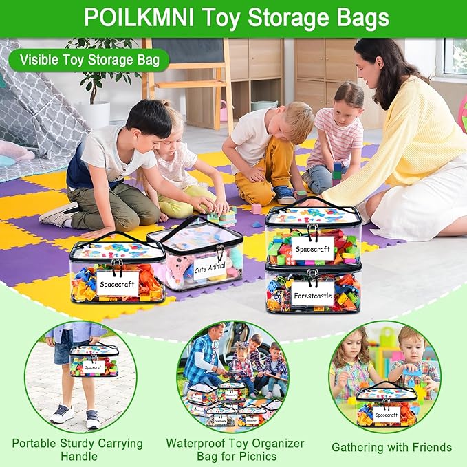 Upgraded 6 Pack Clear Toy Storage Bag - with Name Tag & Manual Pocket, Transparent PVC Toy Organizer Case with Zipper for Board Game, Building Blocks, Puzzles, Large Capacity for Kids Ages 6+ (Black)