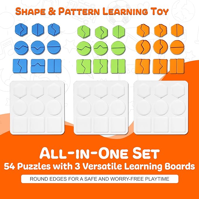 Edu&Kate’s Shape Puzzles for Kids - Montessori Shape Matching Game for Toddlers - 54 Puzzles, 3 Boards, 9 Challenge Cards + Activity Box - Autism & Early Learning Educational Sorters - Stage 4