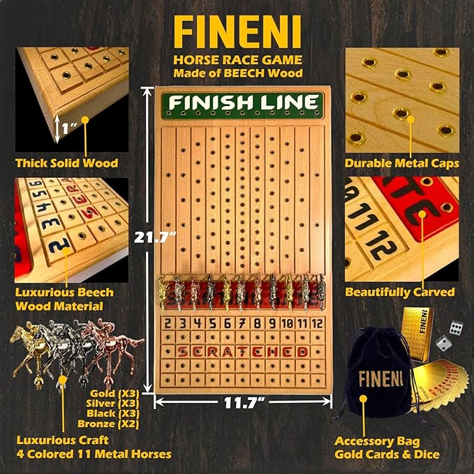 Horse Racing Game for Adults, Horse Race Board Game with 11 Luxurious Metal Horses (Gold, Silver, Black, Rose Gold), 22” Beech Wood Horse Race Game Board, Dice & Golden Card Included (Beech)