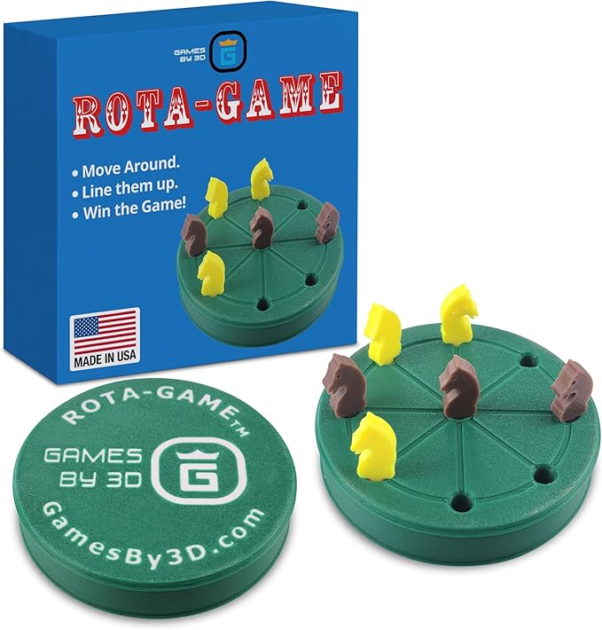 ROTA Game, Tic-Tac-Toe Game with Never a Tie, A Winner in Every Round, Ancient Roman Strategy Game, Portable 4" Board, Pockets or Purse-Size, with Horse Pieces, Made in USA (Green)