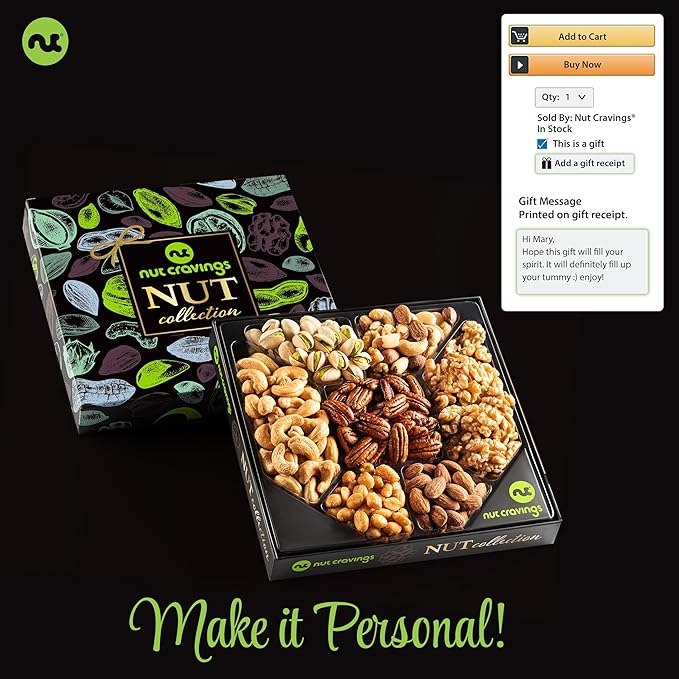 NUT CRAVINGS - Nut Collection Gift Basket in Elegant Box (7 Assortments) Food Arrangement, Healthy Snack Care Package, Kosher