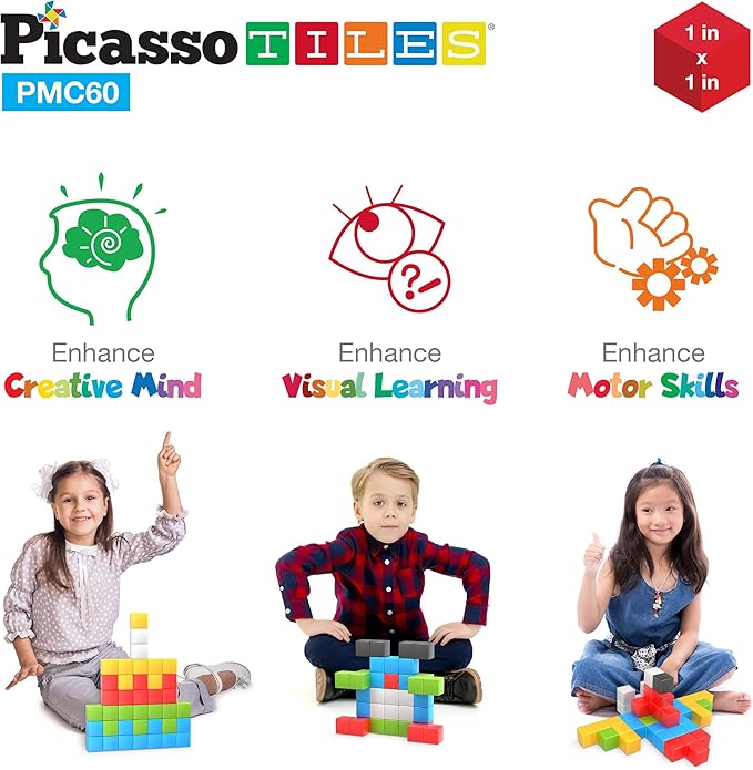 PicassoTiles 60 Pieces 1" Magnetic Building Blocks, 3D Construction Cubes Magnet Sensory Toys Gifts with Free Idea Book for Kids, Toddlers & Babies - PMC60