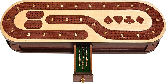 PALM ROYAL HANDICRAFTS 4 Track Wooden Cribbage Board Set Inlaid in Rose Wood and Maple Wood with pegs and Cards. Storage Available. 4 Player Cribbage Board (15 x 5 Inches)