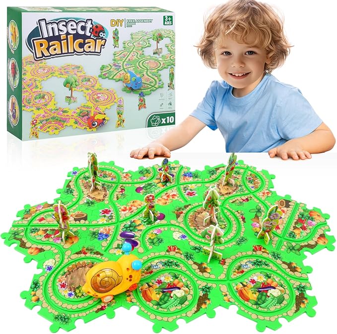 10Pcs Puzzle Racer Kids Car Track Set for Toddlers Boys, Race Tracks for Kids Ages 3-8, Puzzle Track Car Play Set, Educational Puzzles Cars Toys for 3 4 5 6 Year Old Boys (Snail)