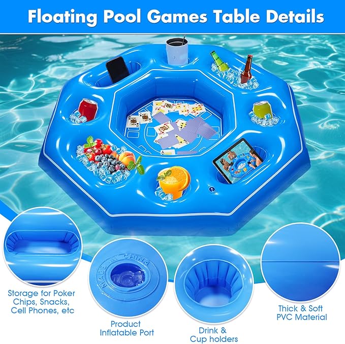 Octagonal Inflatable Game Table with Waterproof Playing Cards, Inflatable Pool Bar Games for Adults, Floating Portable Bar Table Tray for Hot Tub or Pool Beach Party