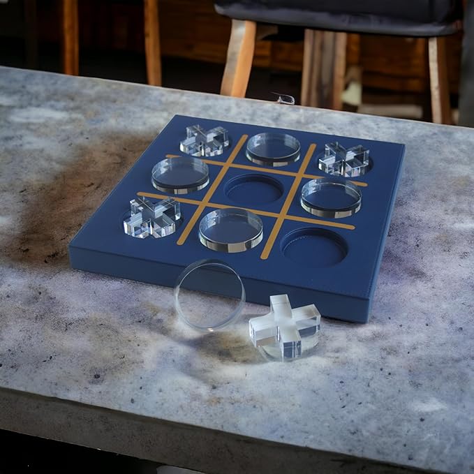 Modern Tic Tac Toe for Home Decoration, Tic Tac Toe Game with Blue Leather and Acrylic Pieces, Decorative Tic Tac Toe, Table Top Decoration, Housewarming Gift
