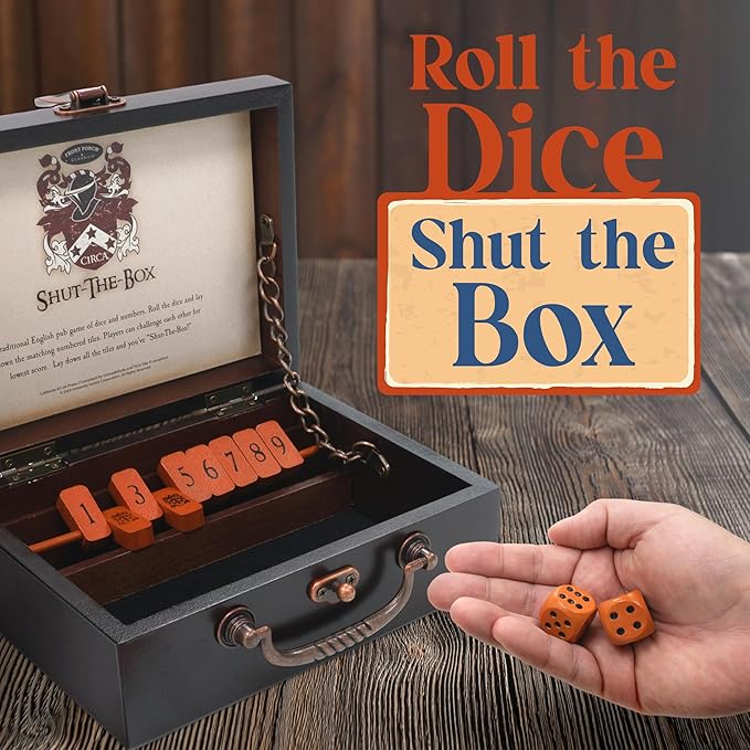 Front Porch Classics, Circa Shut the Box, Wooden 9 Number Dice Game with Case for Travel, for Adults and Kids Ages 8 and Up
