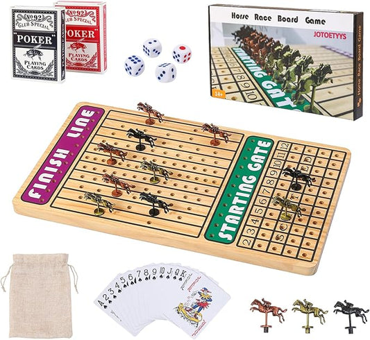 21 in Horse Race Board Game Racing Game Thickened Solid Wood with 11 Metal Horses, 2 Cards & 4 Dice, Horse Racing Game for 2-6 Players