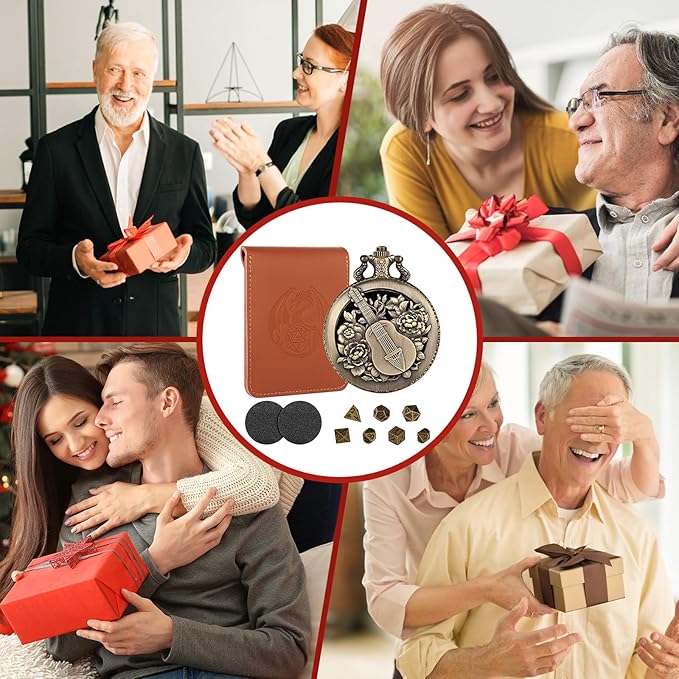 Bronze Mini DND Dice Set with Hollow Bard Pocket Watch Shell Case, Steampunk DND Gifts with Dice Bag, 7pcs Polyhedral Metal Dice Set, D&D Starter Set, Role Playing Board Games Accessories, Bard Gift