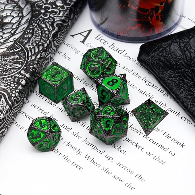 Haxtec Metal Dice Set Green Black Dragon Pattern Metal DND Dice with Leather Dice Bag Polyhedral D&D Dice for Dungeons and Dragons TTRPG Gifts