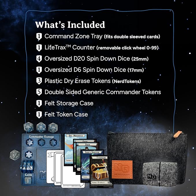 NERD GEAR Commander Essentials Kit - Ultimate Accessory for MTG Commander EDH - MTG Command Zone Tray - Health Counter - Spin Down Dice - Dry Erase Tokens (Deep Blue)