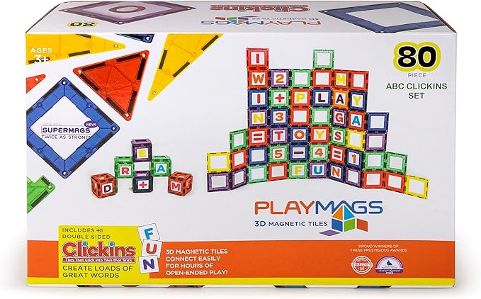 Playmags Magnetic Tile Building Set: Exclusive Educational Clickins – 80-Pc. Kit: 40 Super Strong Clear Color Magnet Tiles Windows & 40 Letters & Numbers – Stimulate Creativity & Brain Development