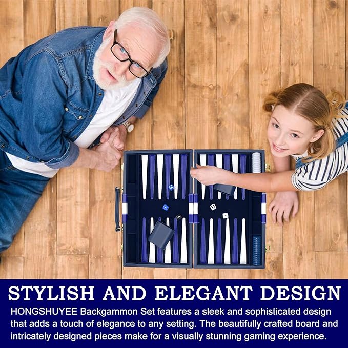 Backgammon Sets for Adults, 15 inch Backgammon Brown Sets Classic Board Game with Premium Leather Case, Portable Travels Strategy Backgammon Game Set for Adults, Kids (Blue)