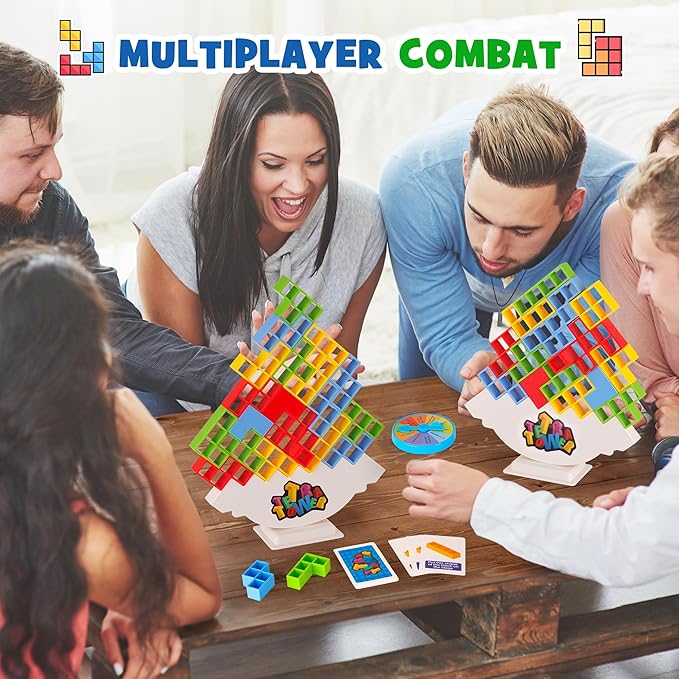 WOWNOVA 64PCS Deluxe Tetra Tower Game for Family Game Night, Balance Stacking Blocks Tower Board Game for Fun Party Games, Stacking Game for Kids & Adults, with Prize Wheel&Cute Clear Storage Box