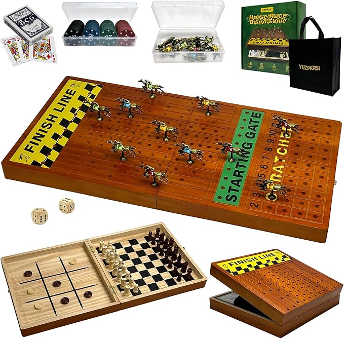 Large 23 inches Horse Race Board Game with Luxury Metal Numbered Horses, 4 in 1 Foldable Wood Horse Race Board Game with Dice Poker Chips/Chess & Checkers/Tic Tac Toe for for Adults Family Parties