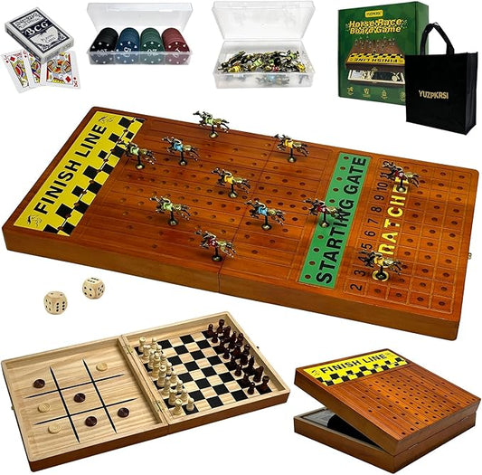 Large 23 inches Horse Race Board Game with Luxury Metal Numbered Horses, 4 in 1 Foldable Wood Horse Race Board Game with Dice Poker Chips/Chess & Checkers/Tic Tac Toe for for Adults Family Parties
