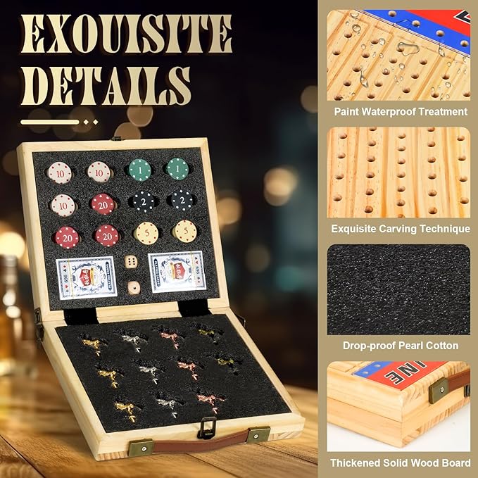 21 Inch Horse Racing Game, 11 Luxury Metal Horses, Thickened Wood Chessboard, Chips, Cards & Dice, Classic Wooden Table Top Board Game for Adults & Family