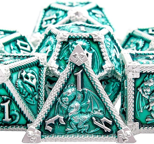 AUSTOR 7-Die Metal DND Dice Set Dungeons and Dragons Polyhedral Roll Playing Dice with Box D20 D12 D10 D% D8 D6 D4 for Pathfinder MTG RPG Board Games