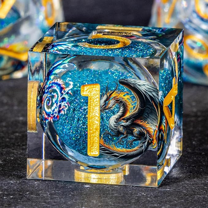 OUKELANWO Liquid Core Dragons Stickers DND Dice Set D&D, 7Pcs Dungeons D and D Role Playing Dice with Gift Box, Resin Sharp Edge Dice D20 D12 D10 D8 D6 D4, Blue Gold