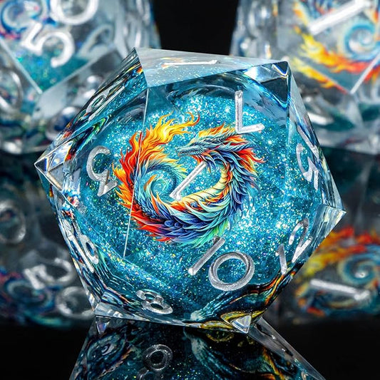 OUKELANWO Liquid Core Dragons Stickers DND Dice Set D&D, 7Pcs Dungeons D and D Role Playing Dice with Gift Box, Resin Sharp Edge Dice D20 D12 D10 D8 D6 D4, Blue White