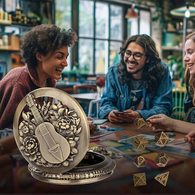 Bronze Mini DND Dice Set with Hollow Bard Pocket Watch Shell Case, Steampunk DND Gifts with Dice Bag, 7pcs Polyhedral Metal Dice Set, D&D Starter Set, Role Playing Board Games Accessories, Bard Gift