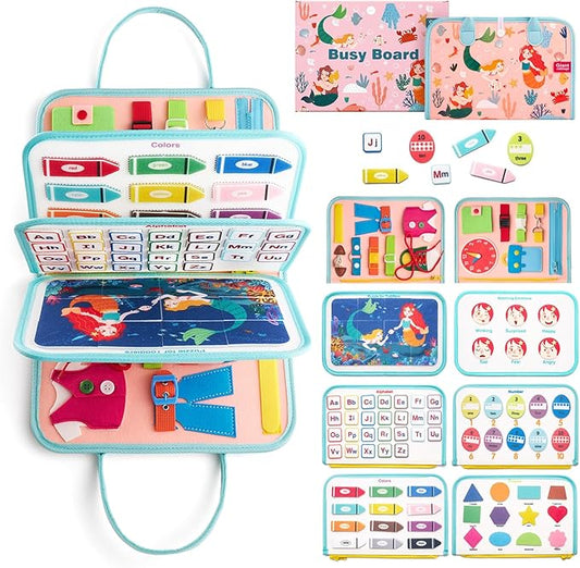 Busy Board Sensory Toys for Toddlers 2 3 4, Travel Activities Educational/Montessori Toys for 2 3 4 Year Old Gilrs Boys Gift, Mermaid