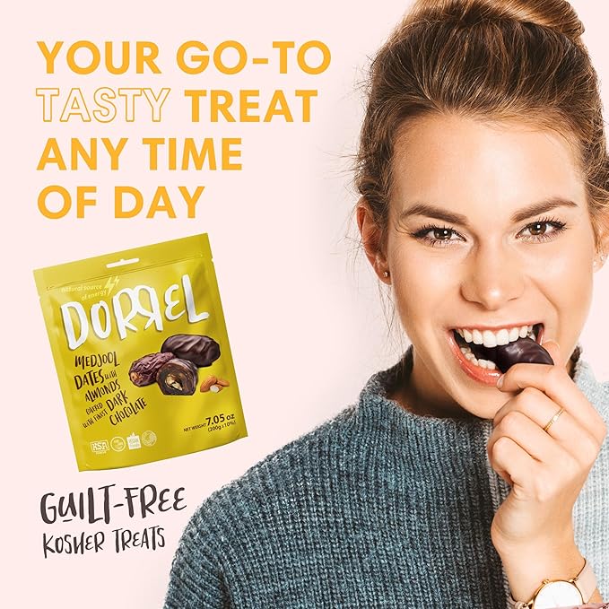 DORREL - Belgian Dark Chocolate Covered Dates (Medjool) with Salted Almonds Stuffing, High Energy Vegan Choco Snack, Delicious, Kosher & Non-GMO, Pack of 3 Stuffed Chocolate Dates, 7.05 oz / 200 g Ea