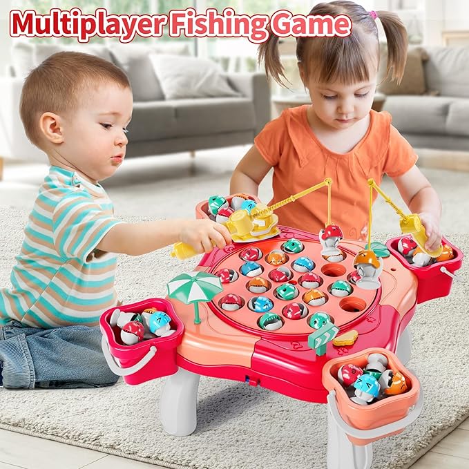 Magnet Fishing Game for Kids Toddlers Aged 3 4 5 6 7 8 - Fishing Toys with 48 Fishes Toys, 8 Poles, Rotating Board Game with On-Off Music, Educational Birthday Gifts for Boys Girls 1-3 (Pink)