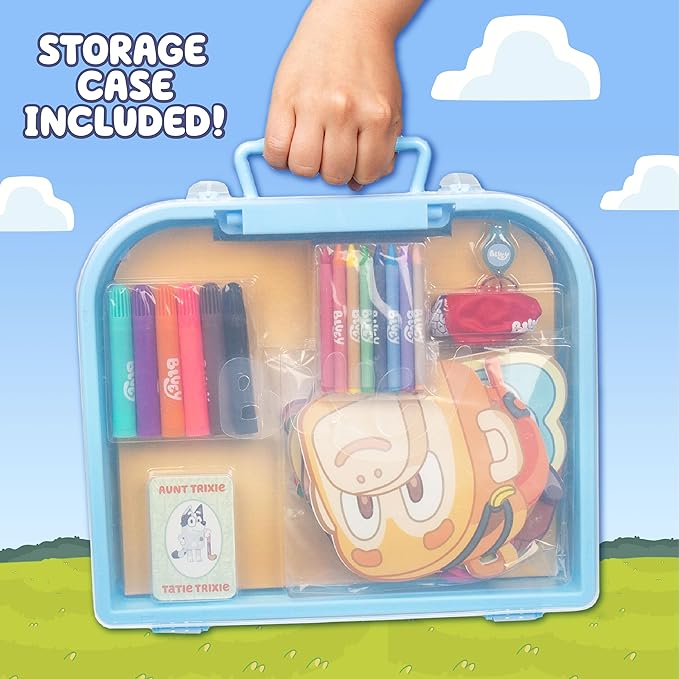 Bluey Imagination Case, 15 Games & Activities, Travel-Friendly Bluey Playset With Markers, Crayons, Balloons, Puppets & Games for 3 Year Olds, Fun Bluey Toys & Toddler Games, Bluey Party Decorations