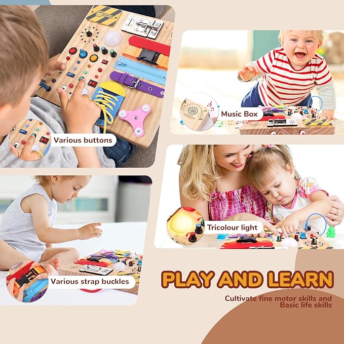 Busy Board,Montessori Toys for 1-3 Year Old Boys & Girls,Travel Educational Learning Activities for Toddlers,Sensory Toy for Kids with Autism (Busy Board v3)