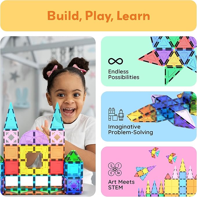 PicassoTiles 152PC Magnetic Tiles Mirror Theme Building Blocks Magnet Toys Construction Sensory Toy Set with Car for STEM Educational Playset Kid Brain Development Gifts for Kids Toddler Age3+ PT152