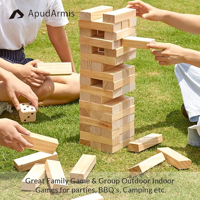 ApudArmis 60 PCS Giant Tumble Tower, (Stack up to 5Ft) Pine Wooden Stacking Timber Game with 1 Dice Set - Classic Block Giant Outdoor Game for Teens Adults Family