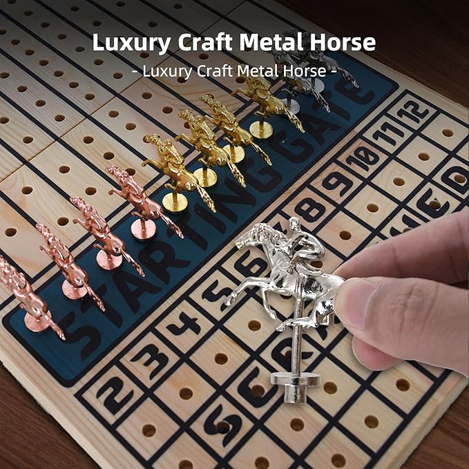 Horse Race Board Game Foldable Horse Racing Board Game with 11 Metal Horses with 4 Solid Wood Dice and 2 Boxes of Cards