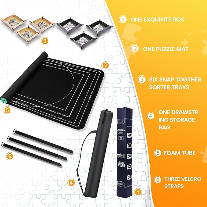 Jigsaw Puzzle Mat Roll Up, Portable Saver Pad 43” x 26” Up to 1500 Pieces, Puzzles Matt Rollup with Non-Slip Rubber Bottom & Smooth Top. (6 Puzzle Sorting Trays & 1 Storage Bag)