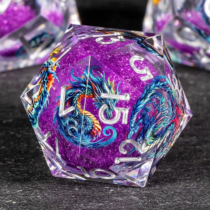 OUKELANWO Liquid Core Dragons Stickers DND Dice Set D&D, 7Pcs Dungeons D and D Role Playing Dice with Gift Box, Resin Sharp Edge Dice D20 D12 D10 D8 D6 D4, Purple White