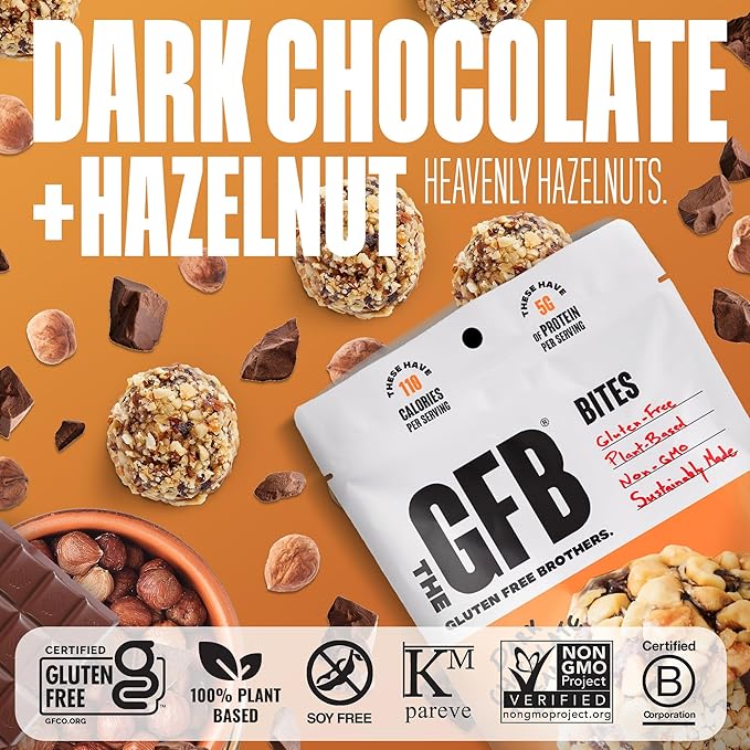 The GFB Dark Chocolate Hazelnut Protein Bites - Gluten Free, Plant Based, Non GMO, Sustainably Made – Ridiculously Tasty, Healthy, Vegan, Protein Energy Balls, 4 oz (6 Count)