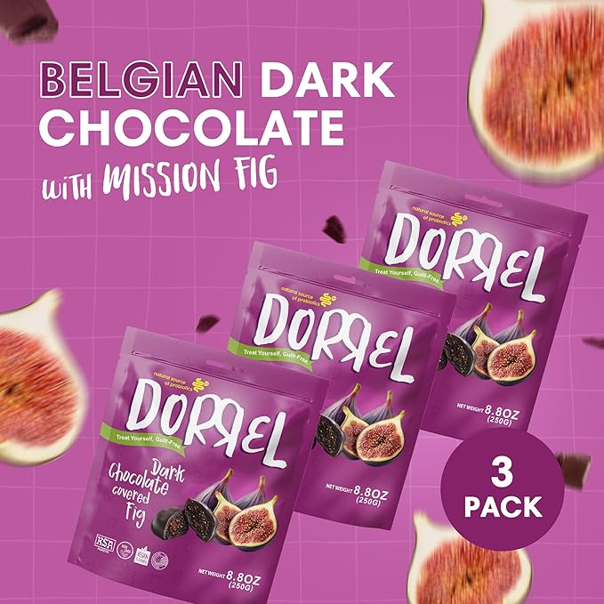 DORREL - Belgian Dark Chocolate Covered Figs, High Energy Vegan Choco Snack with Medjool Dates & Dried Mission Figs Center, Delicious, Kosher & Non-GMO, Pack of 3, 8.8 oz / 250 g Ea