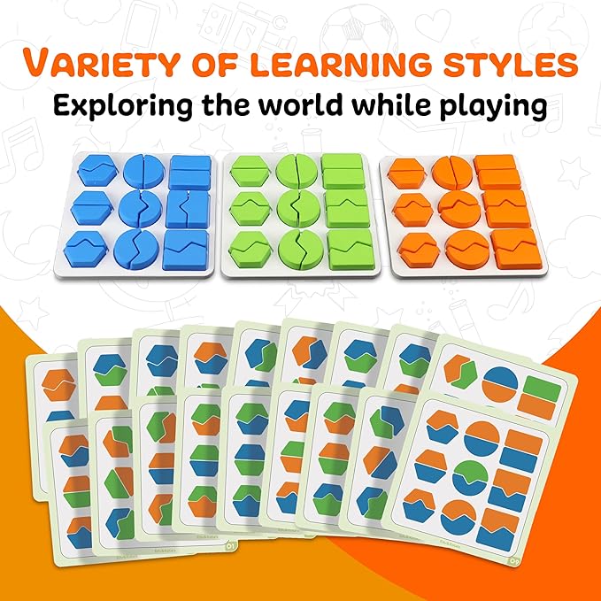 Edu&Kate’s Shape Puzzles for Kids - Montessori Shape Matching Game for Toddlers - 54 Puzzles, 3 Boards, 9 Challenge Cards + Activity Box - Autism & Early Learning Educational Sorters - Stage 4